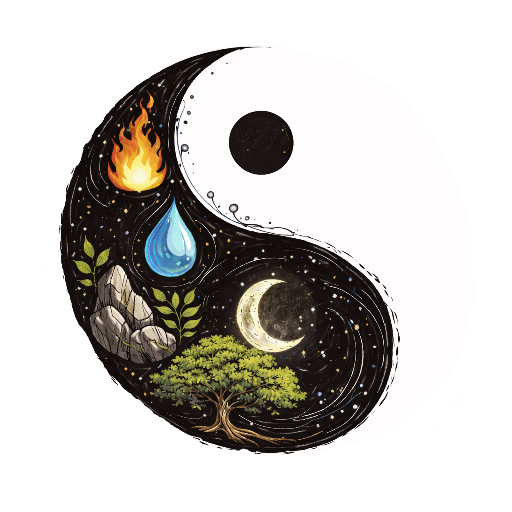 Yin und Yang Zeichen, mit dem schwarzem Teil des Yin ausgefüllt mit den vier Elementen der TEM