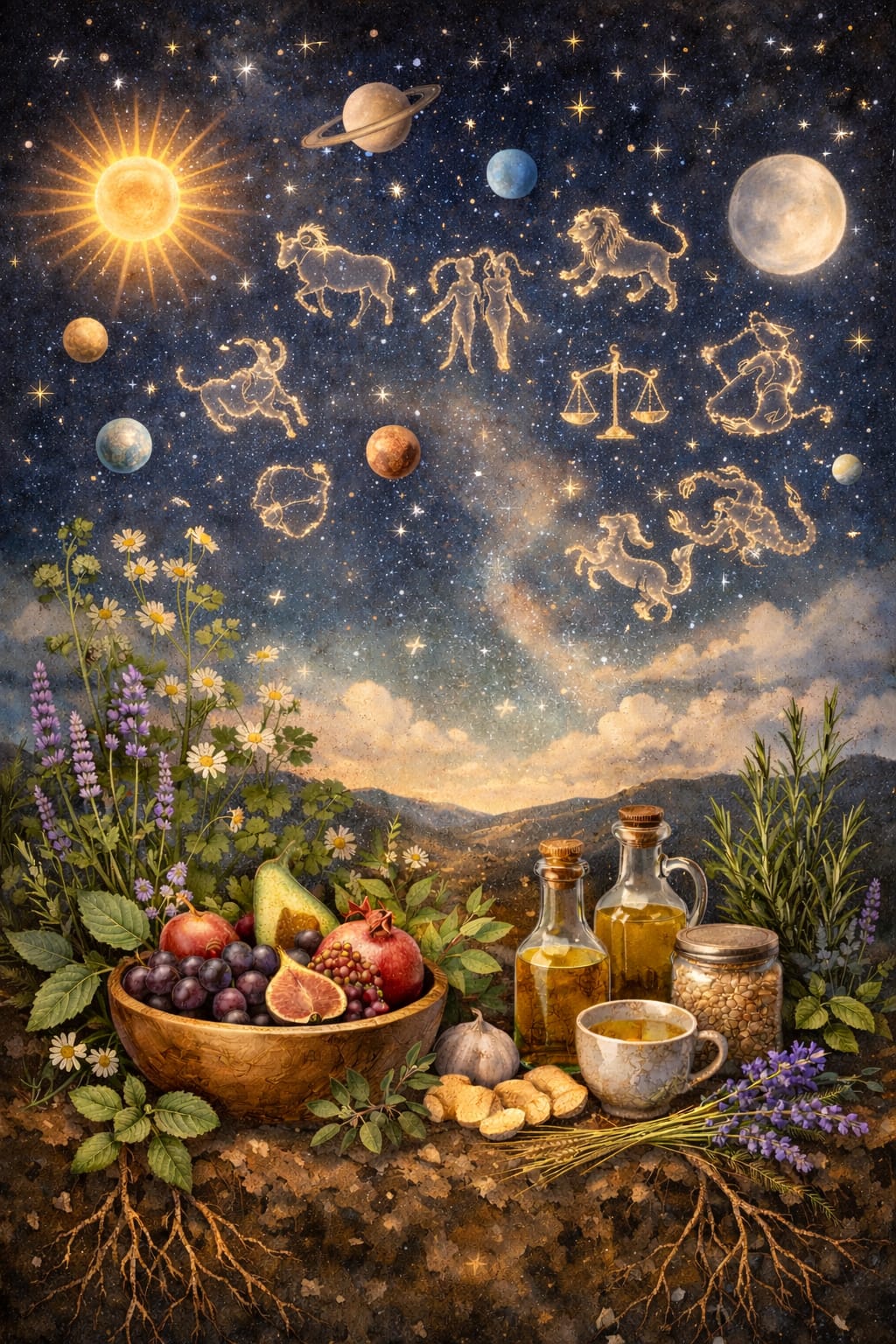 Astrologische Ernährung. Der Himmel mit all seinen Planten und Sternzeichen und die Erde mit Pflanzen